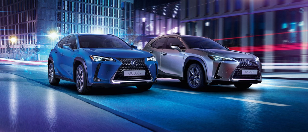 A parked Lexus UX 300e, Lexus NX 450h+ and Lexus NX 350h